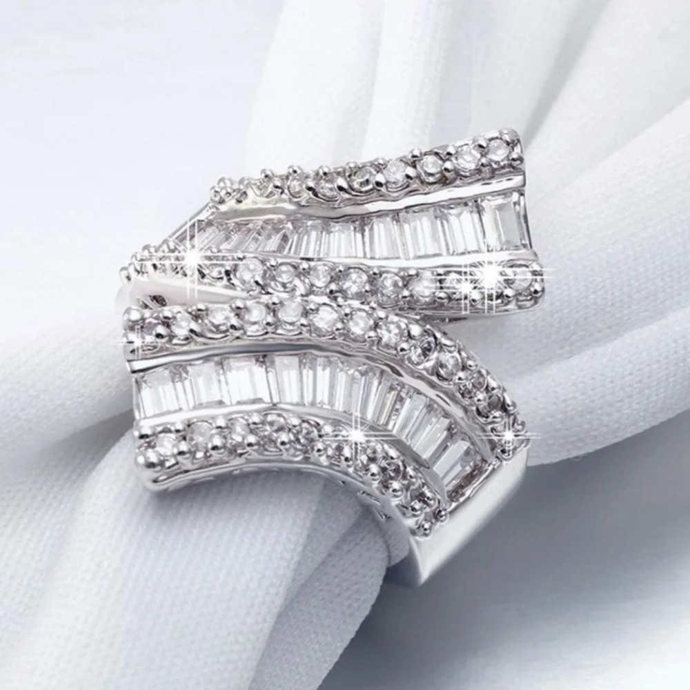 Double Band Baguette Cut Diamonds White Gold Ring Stacked Curved Statement Gift